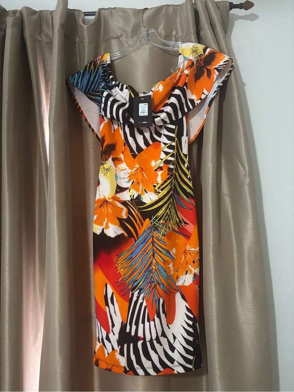 Fashion Nova Orange Tropical One-Shoulder Dress